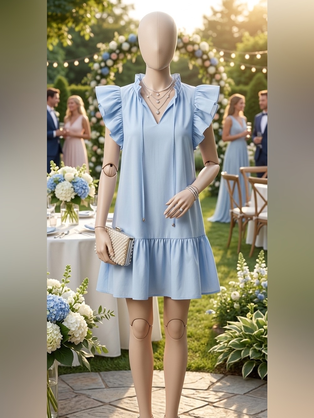 Light Blue Ruffled Sleeve Tunic Dress